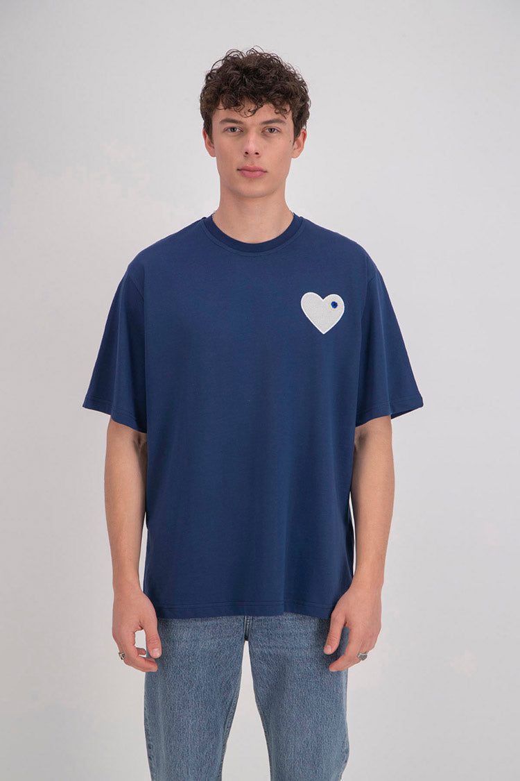 T-shirt LOVE Bleu - Coeur brodé Blanc