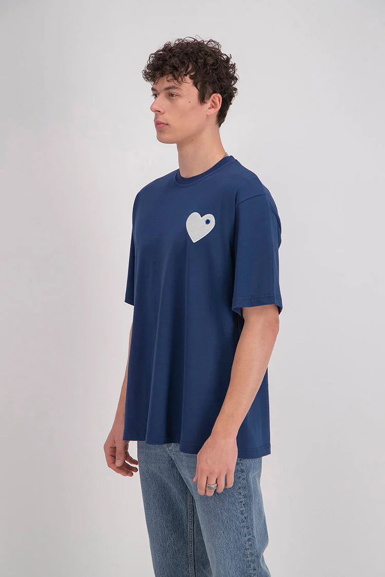 T-shirt LOVE Bleu - Coeur brodé Blanc