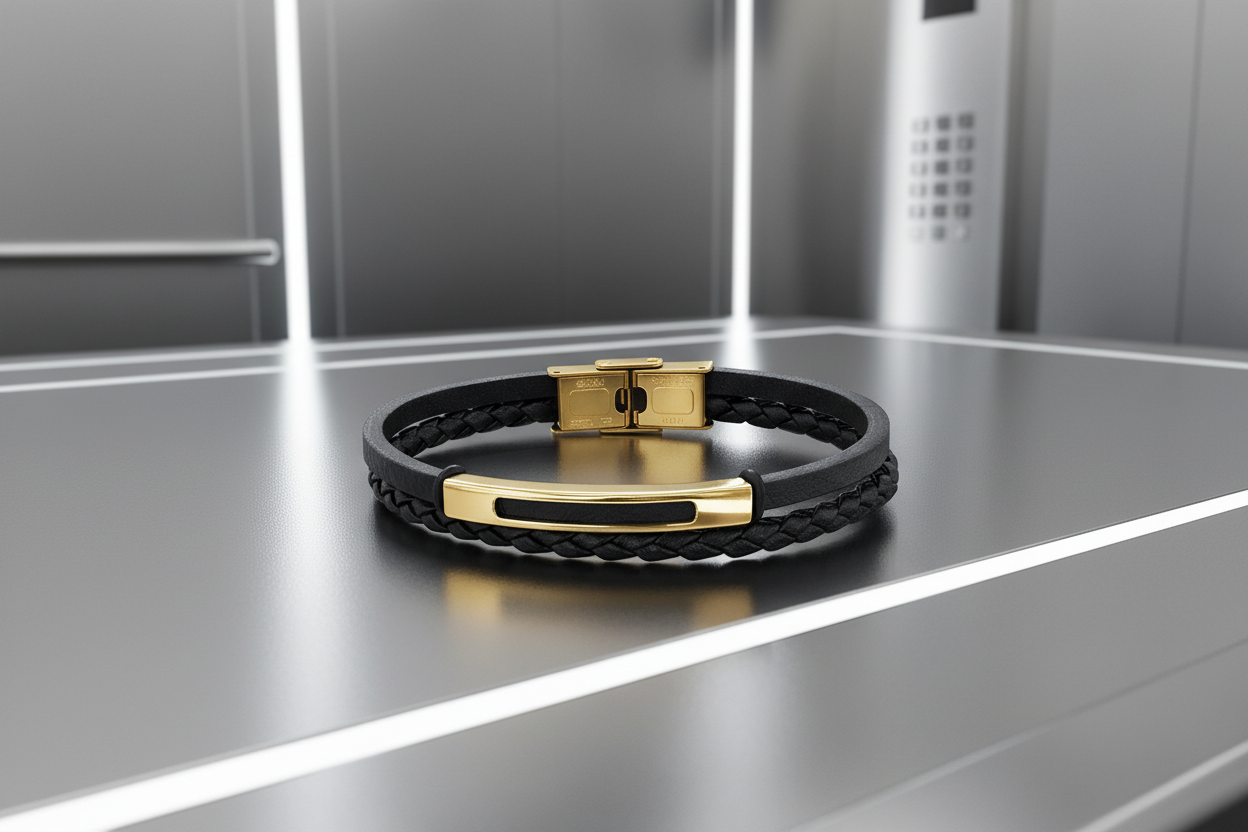 Bracelet cuir Noir et Inox Doré