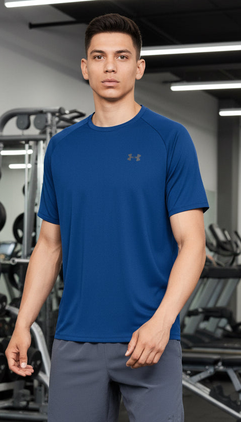 T-shirt UA bleu logo gris