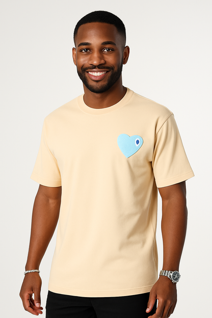 T-shirt LOVE Beige - Coeur brodé Bleu