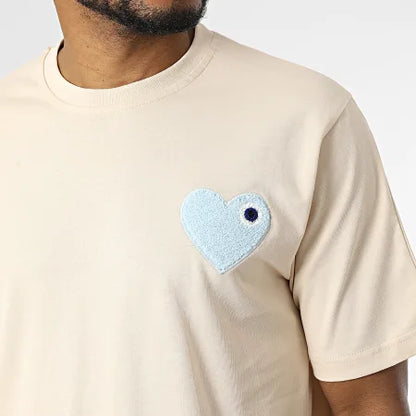 T-shirt LOVE Beige - Coeur brodé Bleu