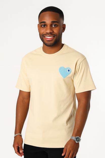 T-shirt LOVE Beige - Coeur brodé Bleu