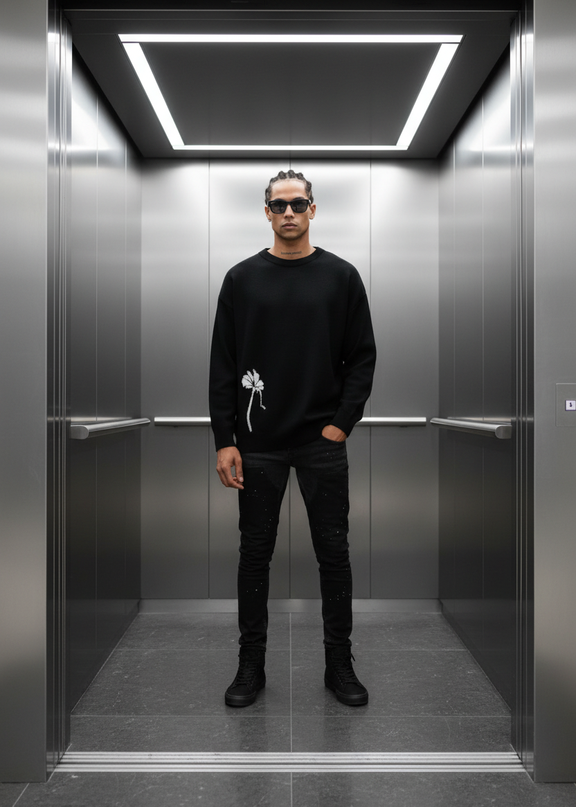 Pull Cannes Noir : Coupe droite  & Code Fleur