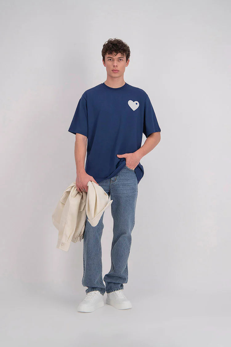 T-shirt LOVE Bleu - Coeur brodé Blanc