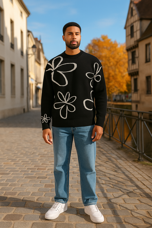 Pull Naples Noir- Motifs à Fleurs Mode