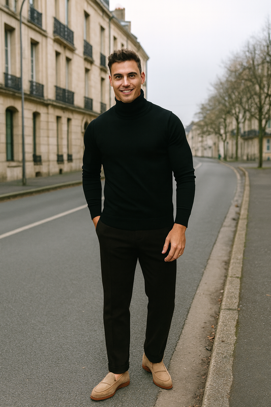 Pull col roulé Noir- Rapidité et Elegance