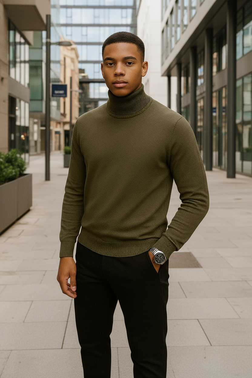 Pull col roulé Barcelone Kaki - Rapidité et Elegance