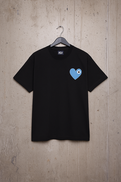T-shirt LOVE Noir - Coeur brodé Bleu