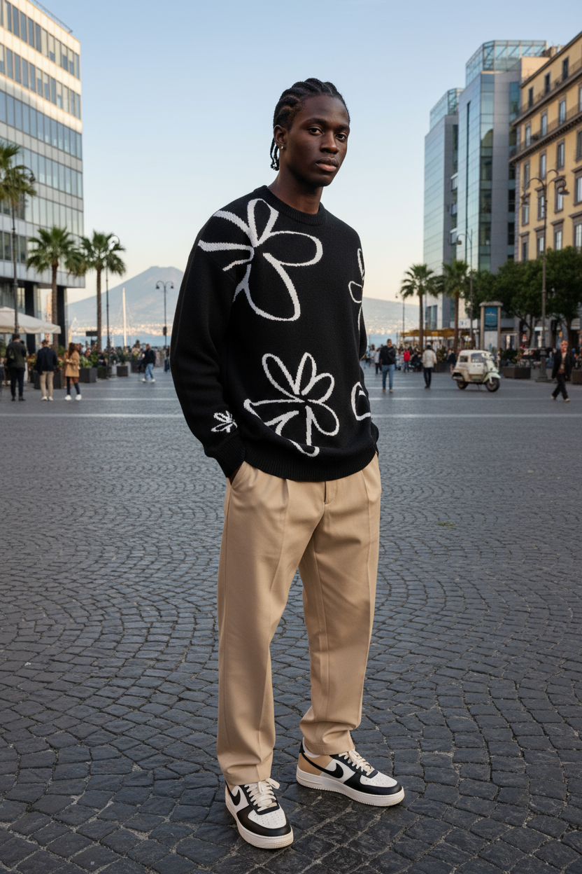 Pull Naples Noir- Motifs à Fleurs Mode