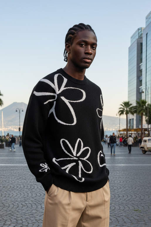 Pull Naples Noir- Motifs à Fleurs Mode