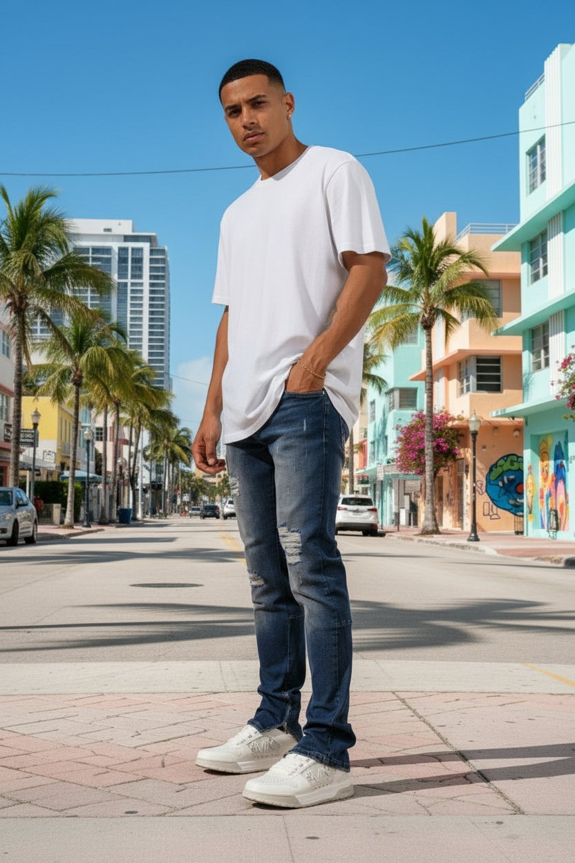 Jean Miami Bleu dirty : FitSlim Zippé  & Denim Destroy