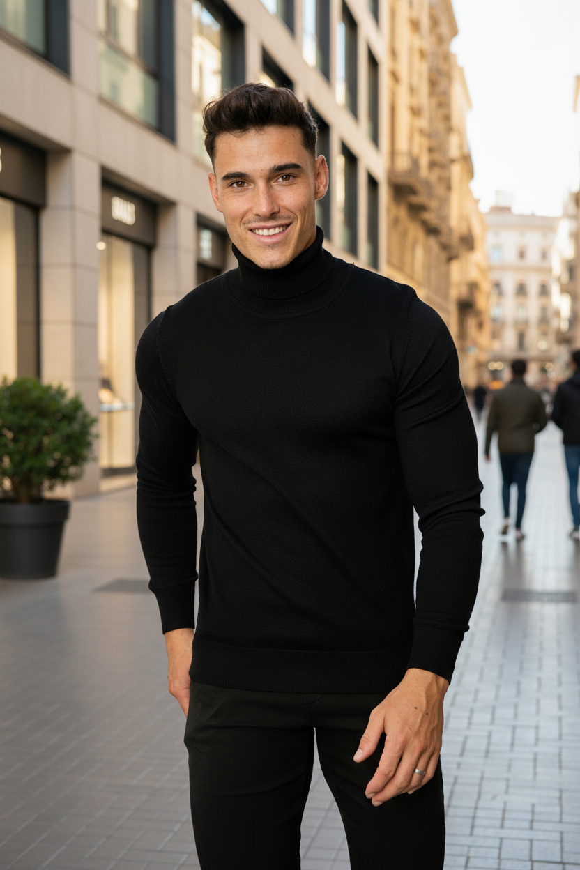 Pull col roulé Barcelone Noir- Rapidité et Elegance