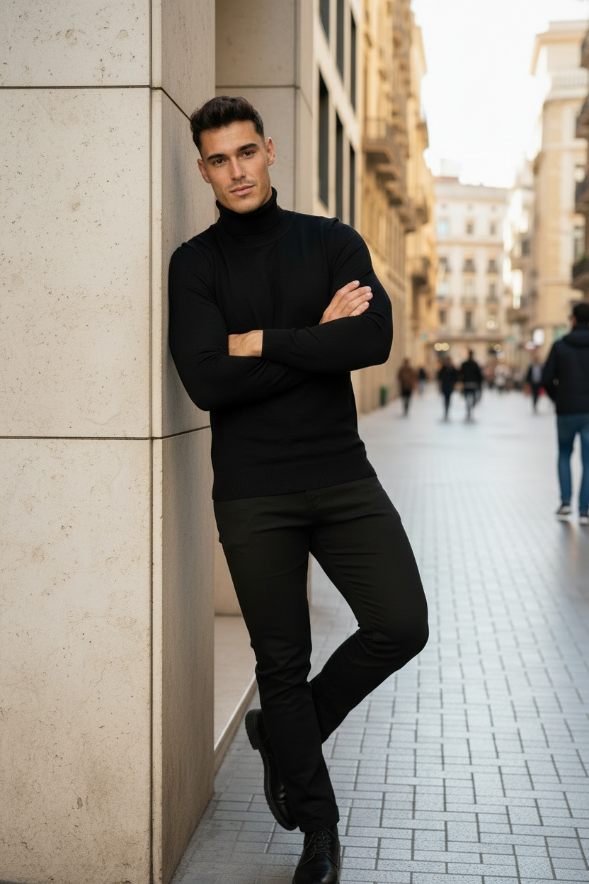 Pull col roulé Barcelone Noir : Minimalisme & Elégance