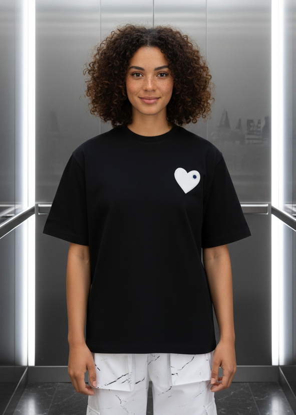 T-shirt LOVE Noir : Coupe oversize & Coeur blanc